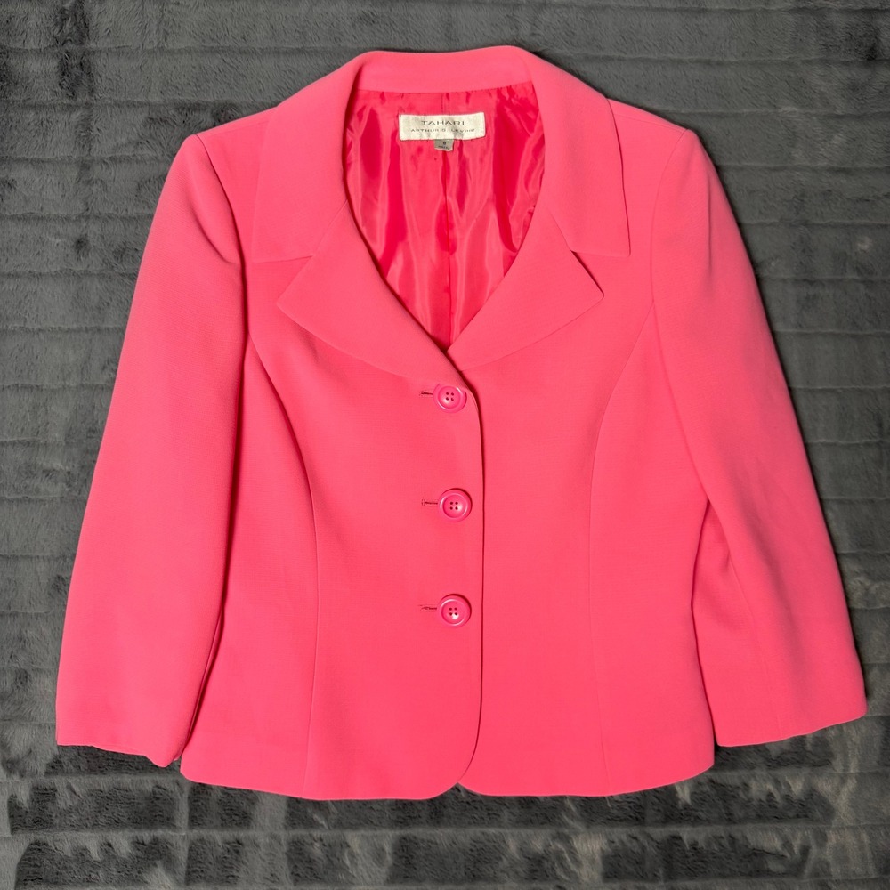 Tahari Blazer Women 8 Pink 3-Button Notched Lapel Structured Crepe Jacket